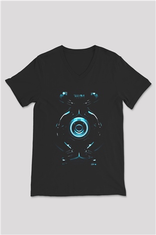 Unisex Tron Baskılı Siyah V Yaka Tişört
