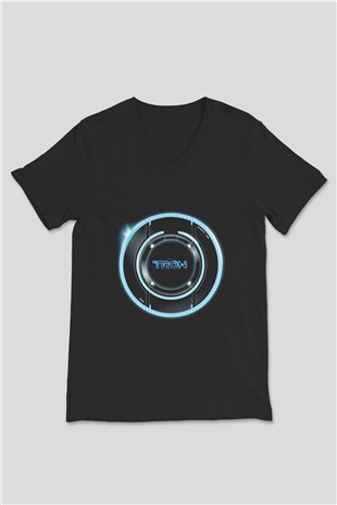Unisex Tron Baskılı Siyah V Yaka Tshirt