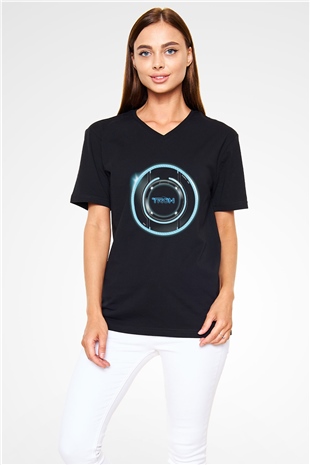 Unisex Tron Baskılı Siyah V Yaka Tshirt