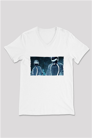 Unisex Tron Legacy Baskılı Beyaz V Yaka Tshirt