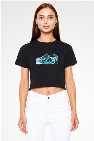 Unisex TRON Legacy Baskılı Siyah Crop Top Tişört