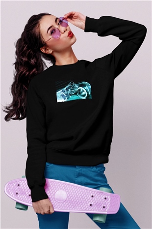 Unisex TRON Legacy Baskılı Siyah Sweatshirt