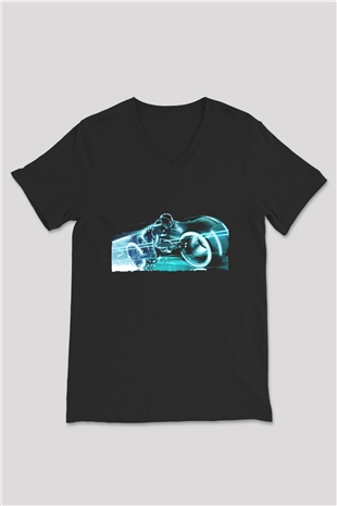 Unisex TRON Legacy Baskılı Siyah V Yaka Tişört