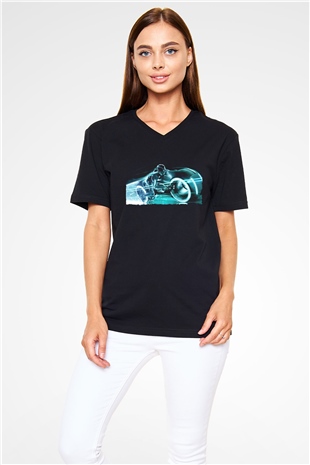 Unisex TRON Legacy Baskılı Siyah V Yaka Tişört