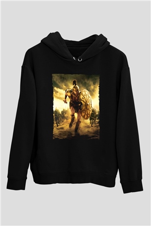 Unisex Truva (Troy) Baskılı Siyah Kapüşonlu Sweatshirt