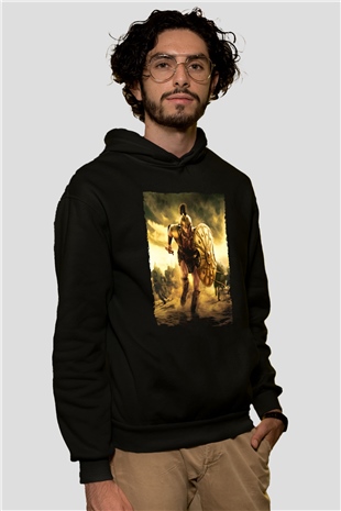 Unisex Truva (Troy) Baskılı Siyah Kapüşonlu Sweatshirt