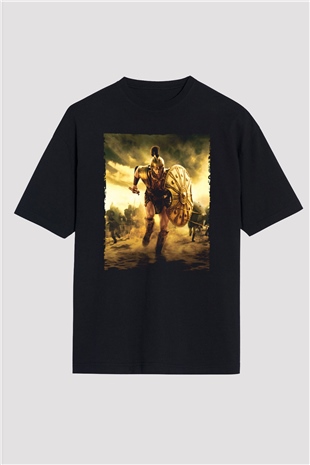 Unisex Truva (Troy) Baskılı Siyah Oversize Tshirt