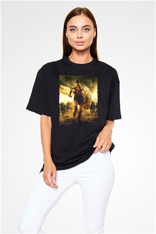 Unisex Truva (Troy) Baskılı Siyah Oversize Tshirt