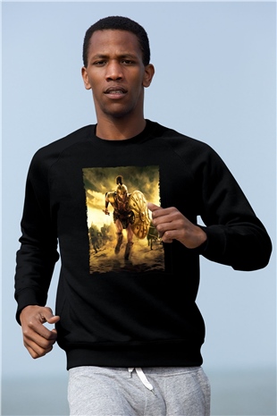 Unisex Truva (Troy) Baskılı Siyah Sweatshirt