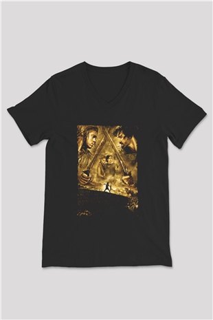 Unisex Truva (Troy) Baskılı Siyah V Yaka Tişört