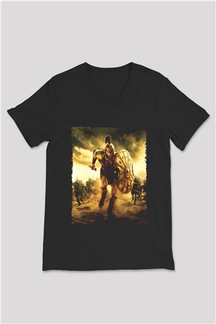 Unisex Truva (Troy) Baskılı Siyah V Yaka Tshirt