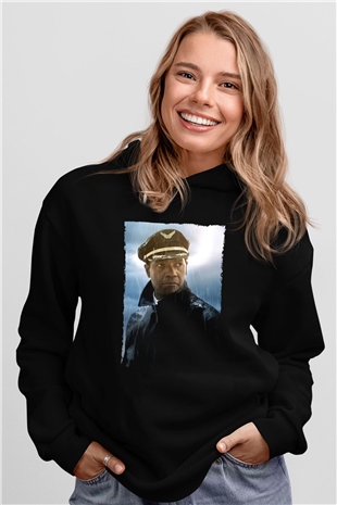 Unisex Uçuş (Flight) Baskılı Siyah Kapüşonlu Sweatshirt