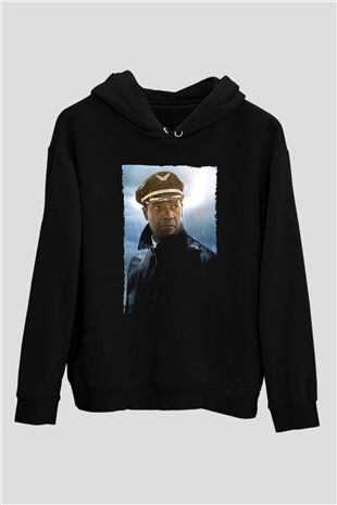 Unisex Uçuş (Flight) Baskılı Siyah Kapüşonlu Sweatshirt