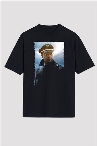 Unisex Uçuş (Flight) Baskılı Siyah Oversize T-shirt
