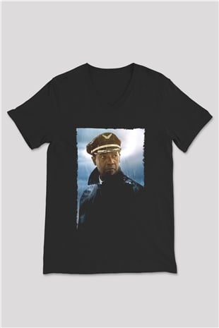 Unisex Uçuş (Flight) Baskılı Siyah V Yaka T-shirt