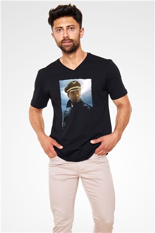 Unisex Uçuş (Flight) Baskılı Siyah V Yaka T-shirt