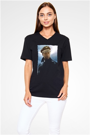 Unisex Uçuş (Flight) Baskılı Siyah V Yaka T-shirt