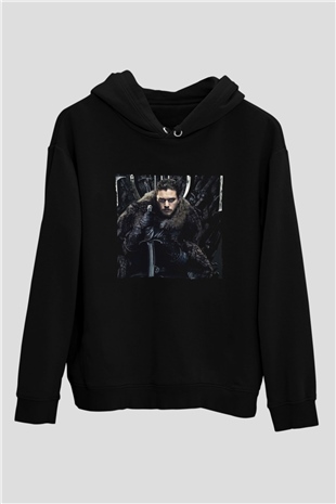 Unisex Unisex Game of Thrones Baskılı Siyah Kapüşonlu Sweatshirt
