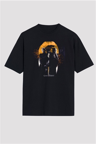 Unisex Unisex Game of Thrones Baskılı Siyah Oversize Tişört