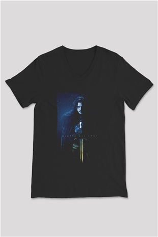 Unisex Unisex Game of Thrones Baskılı Siyah V Yaka Tshirt