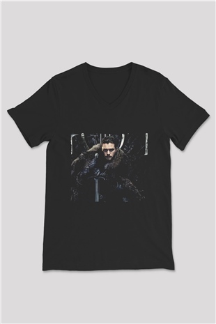 Unisex Unisex Game of Thrones Baskılı Siyah V Yaka T-shirt