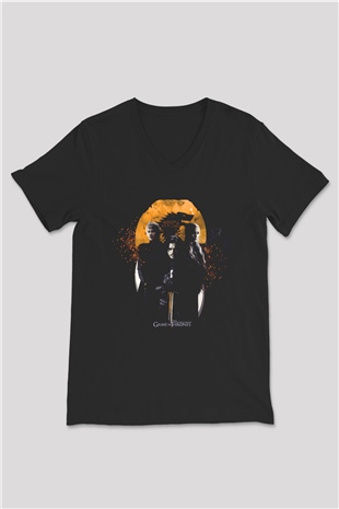 Unisex Unisex Game of Thrones Baskılı Siyah V Yaka Tişört
