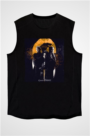 Unisex Unisex Game of Thrones Baskılı Siyah Kolsuz Tişört