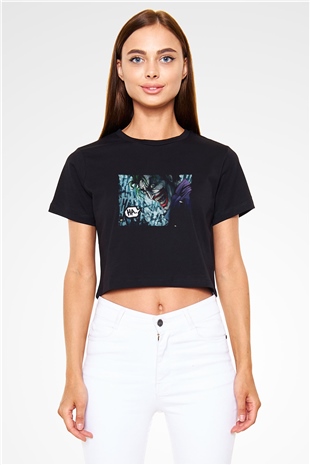 Unisex Unisex Joker Baskılı Siyah Crop Top T-shirt