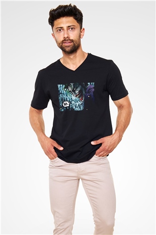 Unisex Unisex Joker Baskılı Siyah V Yaka T-shirt