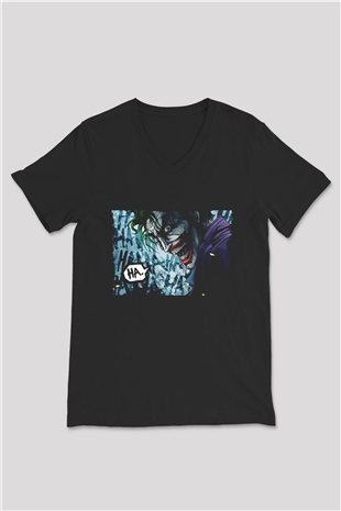 Unisex Unisex Joker Baskılı Siyah V Yaka T-shirt
