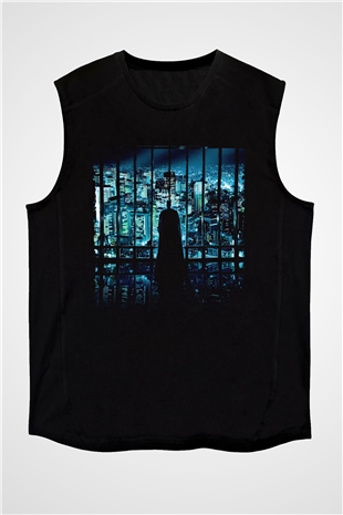 Unisex Unisex Kara Şövalye (The Dark Knight) Baskılı Siyah Kolsuz Tişört
