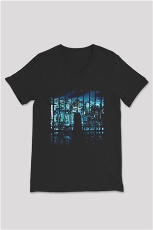 Unisex Unisex Kara Şövalye (The Dark Knight) Baskılı Siyah V Yaka Tişört