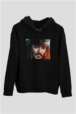 Unisex Unisex Karayip Korsanları (Pirates of the Caribbean) Baskılı Siyah Kapüşonlu Sweatshirt