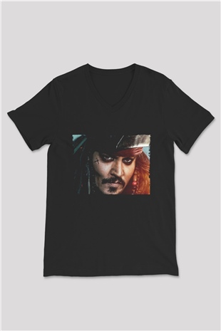 Unisex Unisex Karayip Korsanları (Pirates of the Caribbean) Baskılı Siyah V Yaka T-shirt