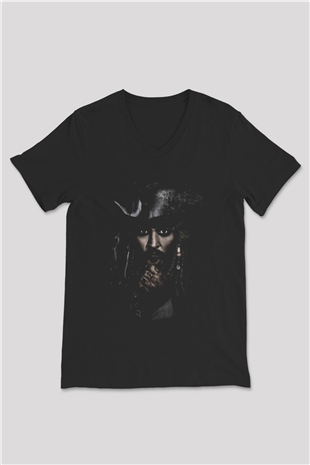 Unisex Unisex Karayip Korsanları (Pirates of the Caribbean) Baskılı Siyah V Yaka Tişört