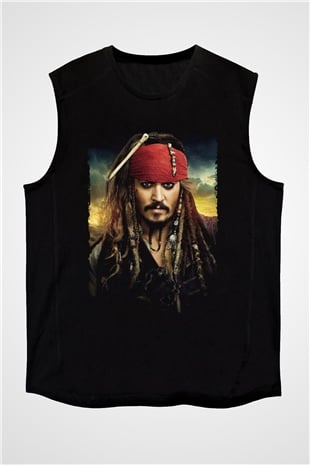 Unisex Unisex Karayip Korsanları (Pirates of the Caribbean) Baskılı Siyah Kolsuz Tshirt