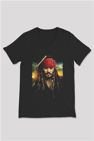 Unisex Unisex Karayip Korsanları (Pirates of the Caribbean) Baskılı Siyah V Yaka Tshirt