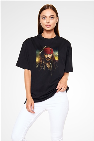 Unisex Unisex Karayip Korsanları (Pirates of the Caribbean) Baskılı Siyah Oversize Tshirt