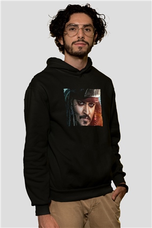 Unisex Unisex Karayip Korsanları (Pirates of the Caribbean) Baskılı Siyah Kapüşonlu Sweatshirt