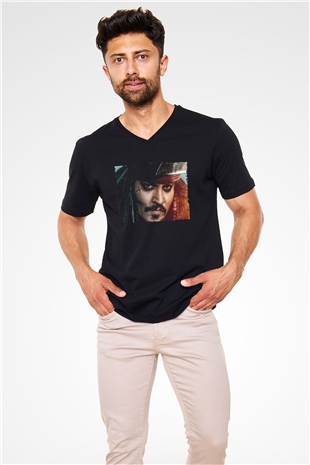 Unisex Unisex Karayip Korsanları (Pirates of the Caribbean) Baskılı Siyah V Yaka T-shirt