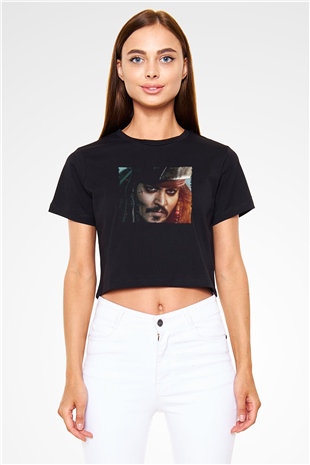 Unisex Unisex Karayip Korsanları (Pirates of the Caribbean) Baskılı Siyah Crop Top T-shirt