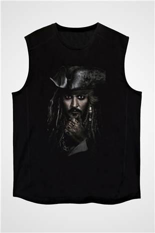 Unisex Unisex Karayip Korsanları (Pirates of the Caribbean) Baskılı Siyah Kolsuz Tişört