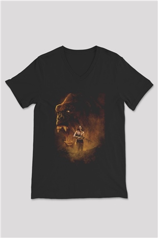Unisex Unisex Kong Kafatası Adası (Kong Skull Island) Baskılı Siyah V Yaka Tshirt