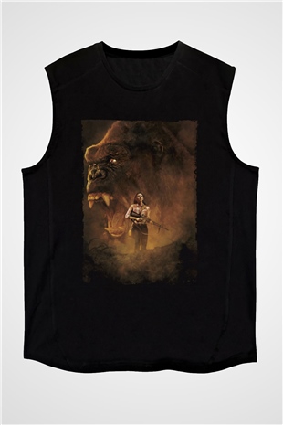 Unisex Unisex Kong Kafatası Adası (Kong Skull Island) Baskılı Siyah Kolsuz Tshirt