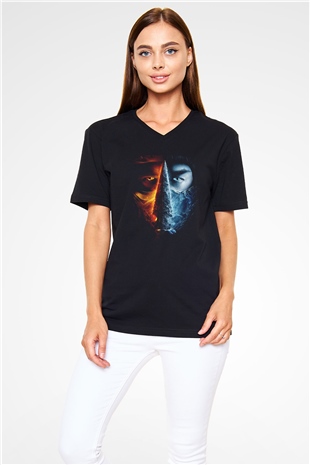Unisex Unisex Mortal Kombat Baskılı Siyah V Yaka Tişört