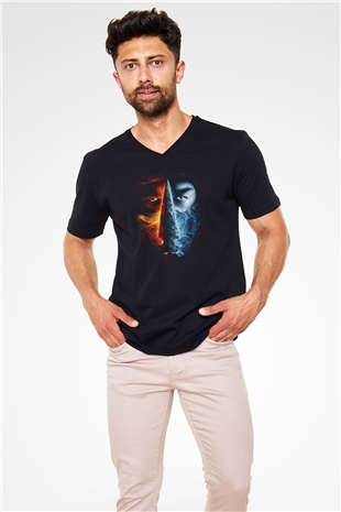 Unisex Unisex Mortal Kombat Baskılı Siyah V Yaka Tişört