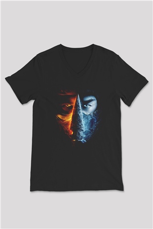 Unisex Unisex Mortal Kombat Baskılı Siyah V Yaka Tişört