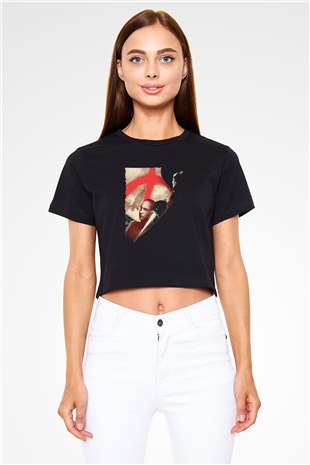 Unisex V for Vendetta Baskılı Siyah Crop Top T-shirt