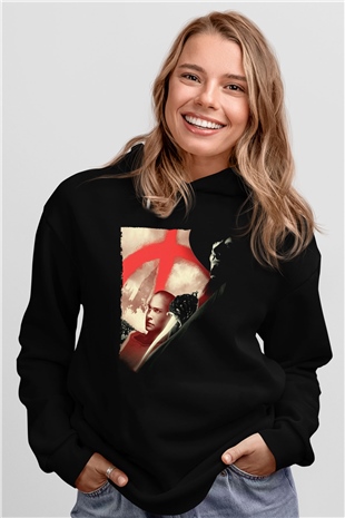 Unisex V for Vendetta Baskılı Siyah Kapüşonlu Sweatshirt