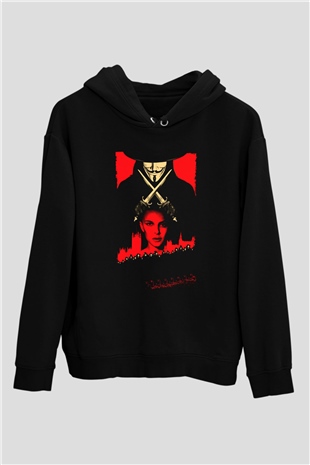 Unisex V for Vendetta Baskılı Siyah Kapüşonlu Sweatshirt